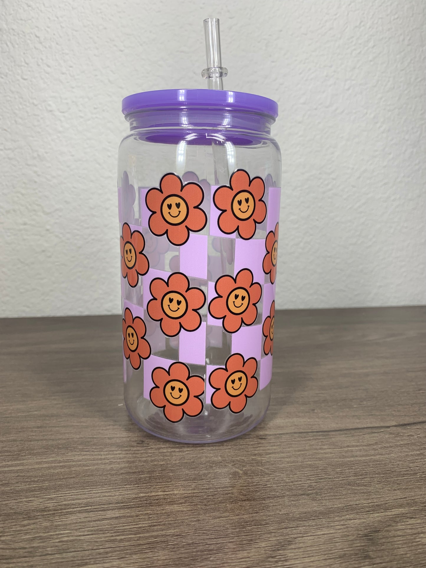 Purple Checkered Plastic Cup with Flowers