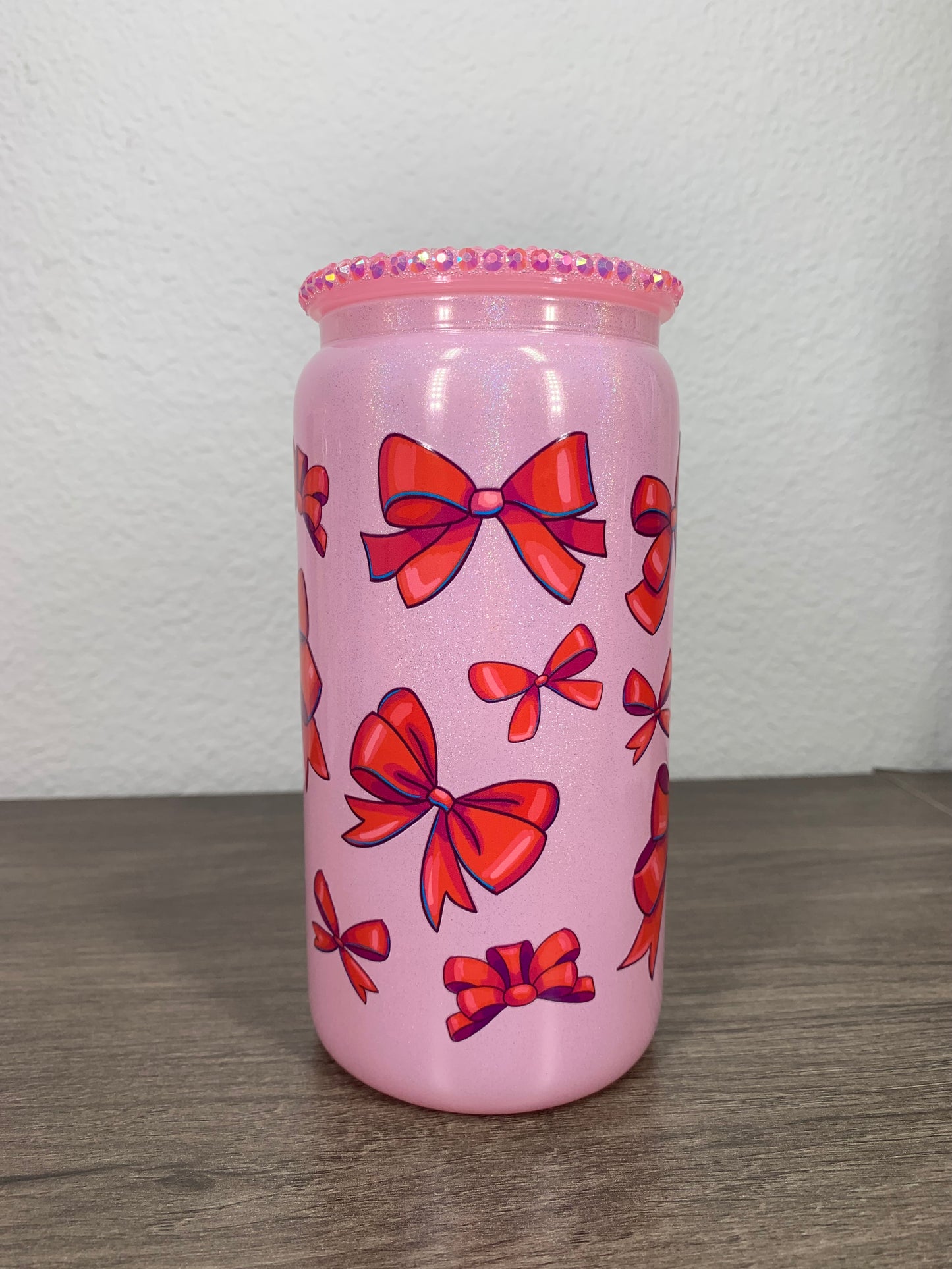 Pink Glass Cup with Red Bows