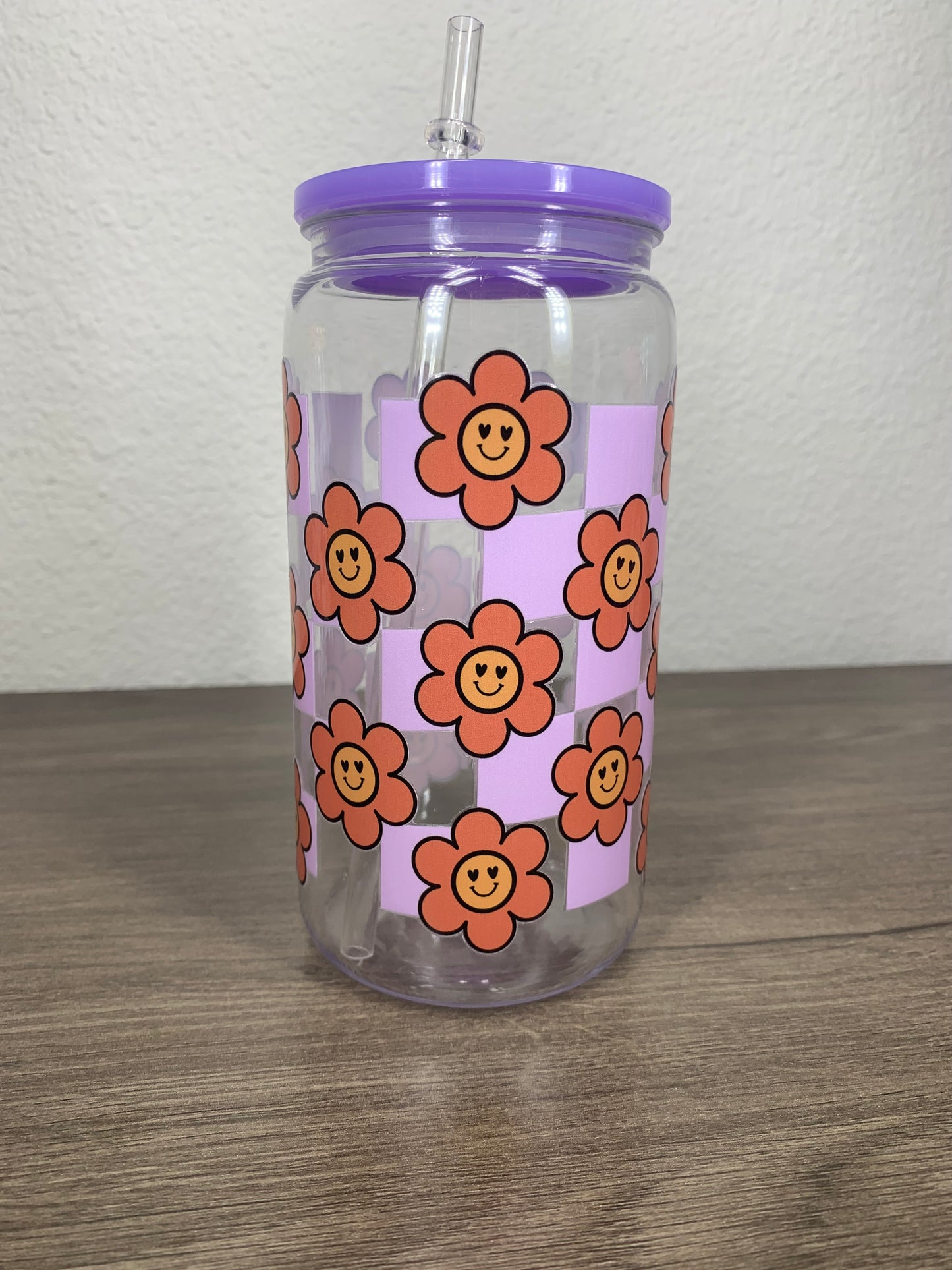 Purple Checkered Plastic Cup with Flowers
