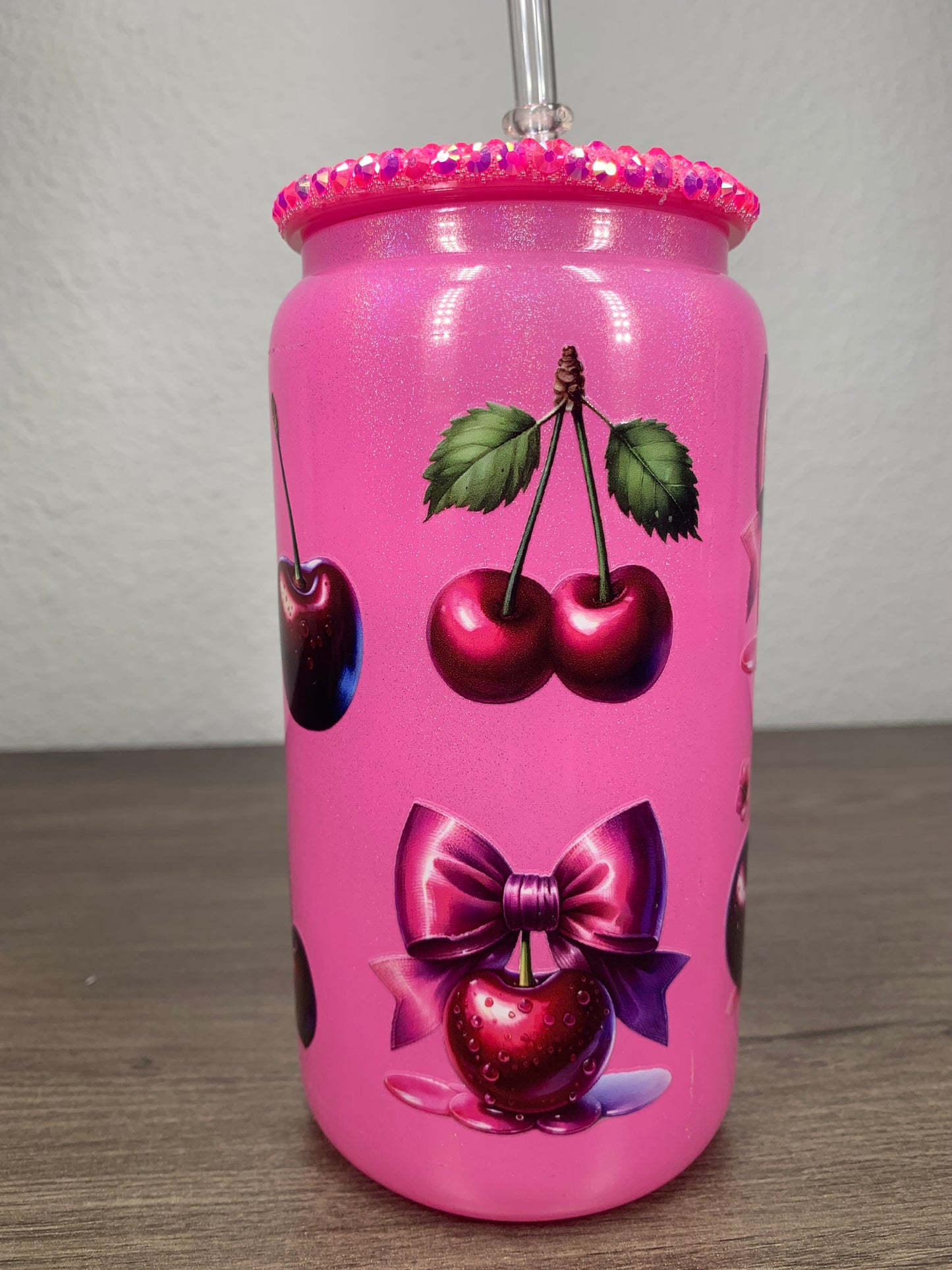 Pink Cherries with Rhinestone Glass Cup