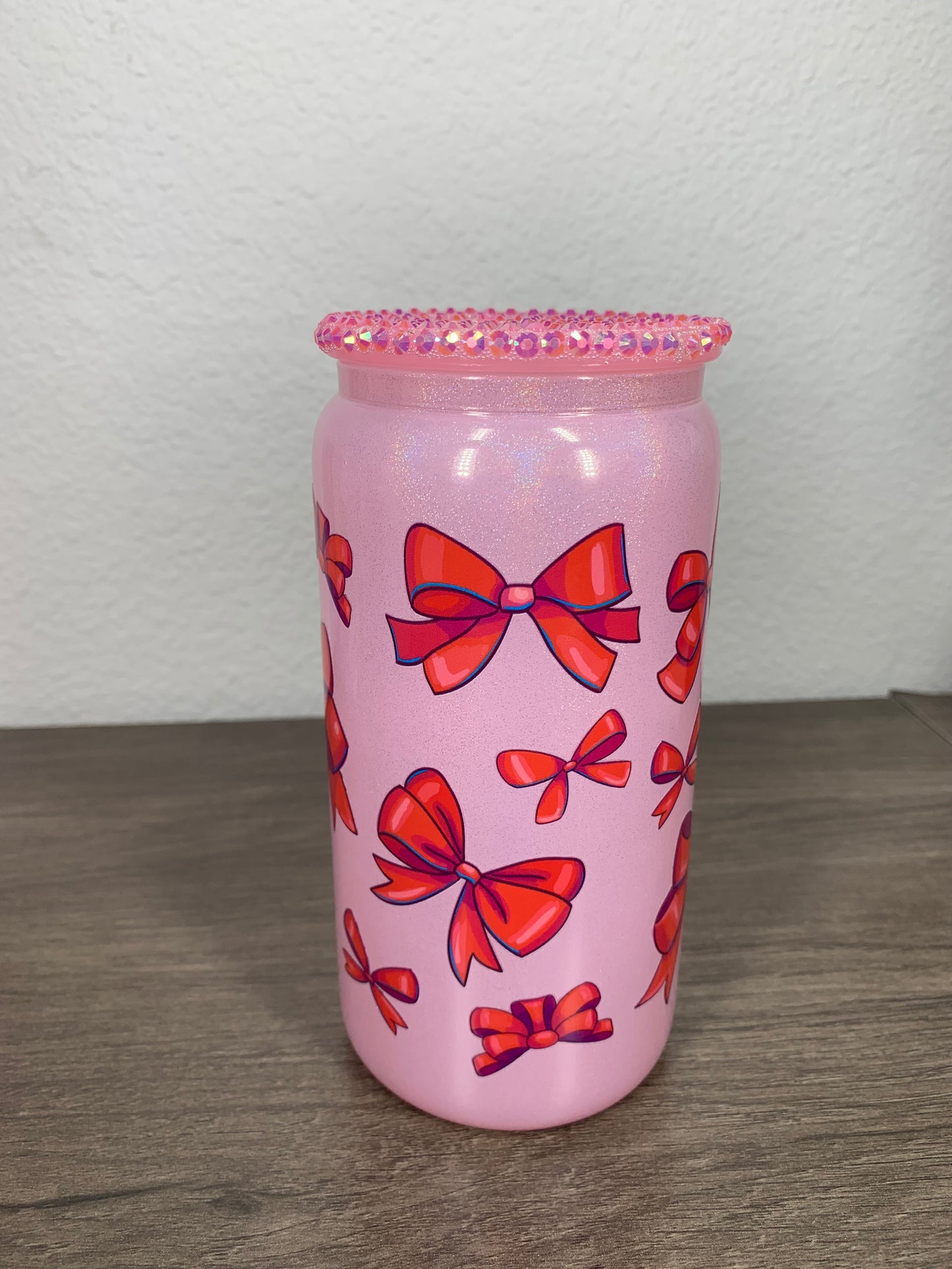 Pink Glass Cup with Red Bows