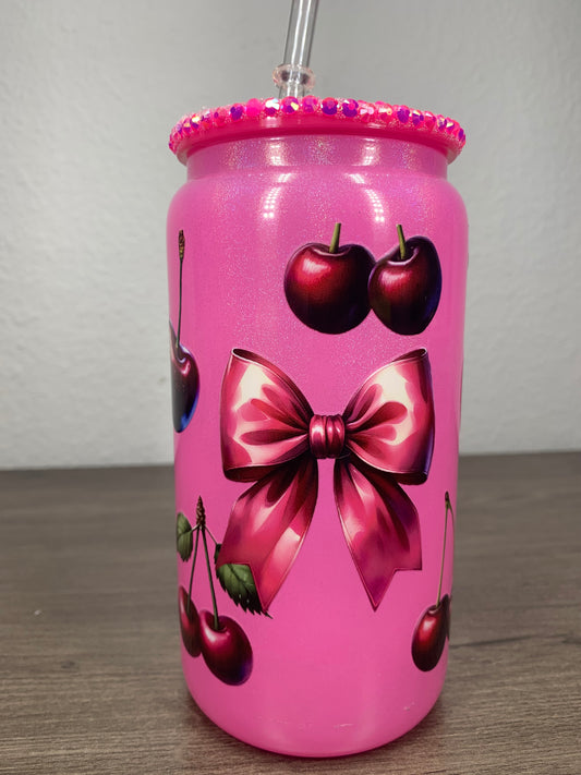 Pink Cherries with Rhinestone Glass Cup
