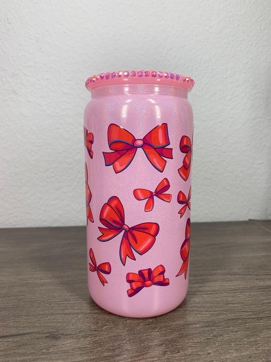 Pink Glass Cup with Red Bows