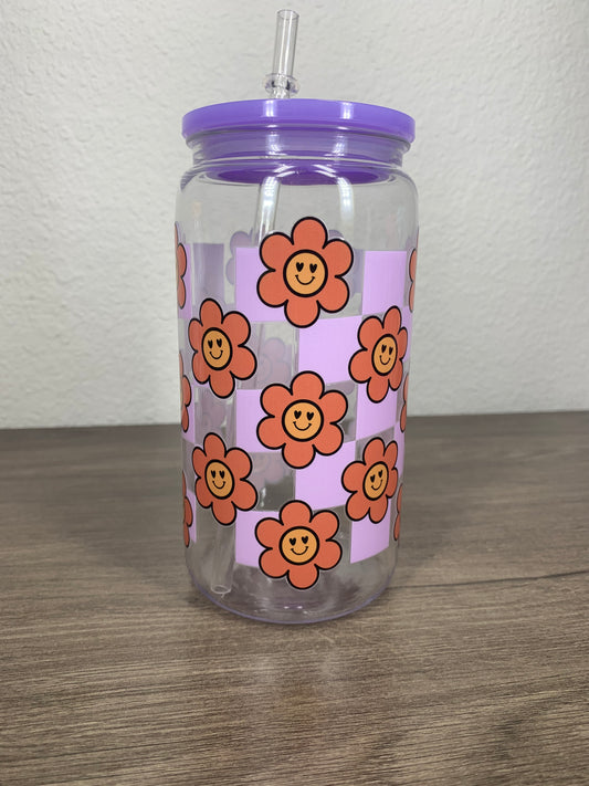Purple Checkered Plastic Cup with Flowers