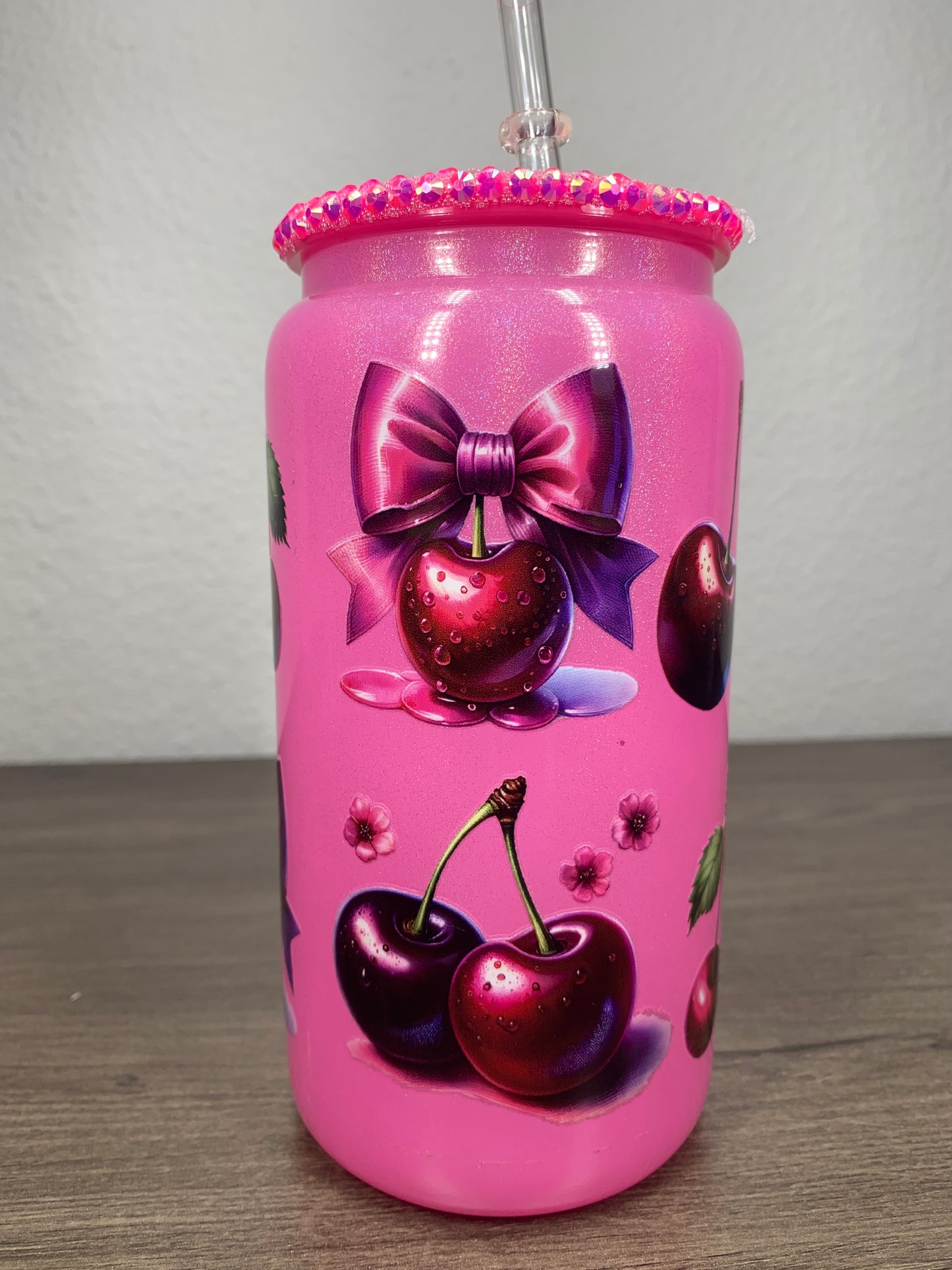 Pink Cherries with Rhinestone Glass Cup