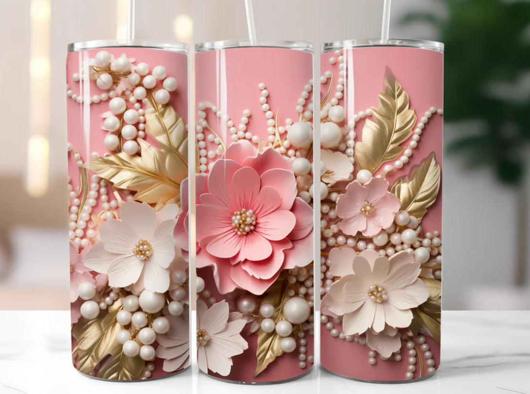 Pink Flowers with Pearls Tumbler